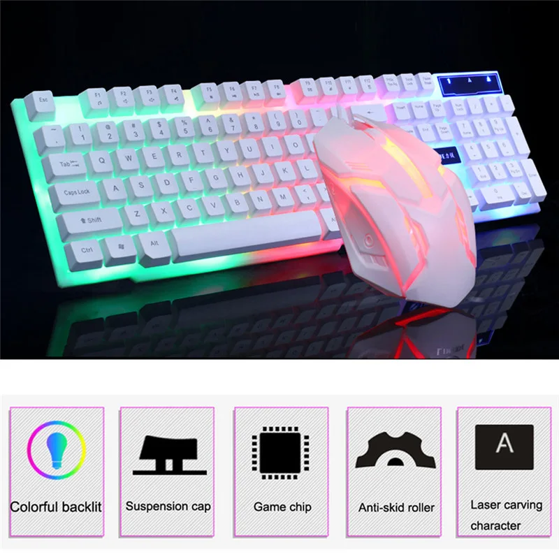 CAPRPIE GT300 USB проводной Красочный светодиодный с подсветкой ПК Радуга игровая клавиатура мышь набор 81219