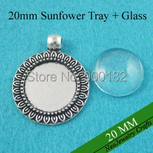 

20mm Antique Silver Round Pendant Tray, Sunflower Edged Pendant Settings 20mm Glass Cabochon (200 trays + 200 glass)