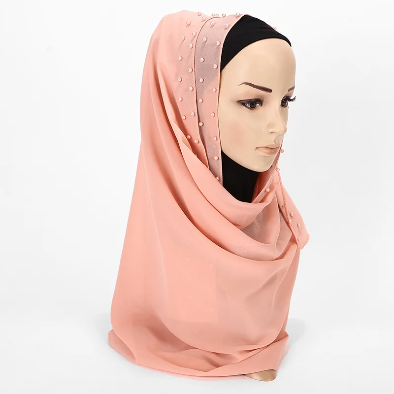 

Fashion Woman hijab Solid Color Pearl Decoration Chiffon Silk Popular Shawls Scarf Headband Muslim Hijab Turban 20 Colors