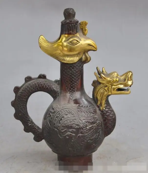 

S06813 8" Marked Chinese bronze gilt dragon phoenix bird statue Wine Tea Pot Flagon discount 30% (C0324)