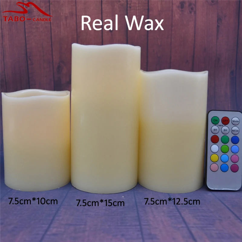 Color change Led Wax Candle Set with Remote Ivory Color Wavy Edge 3AAA