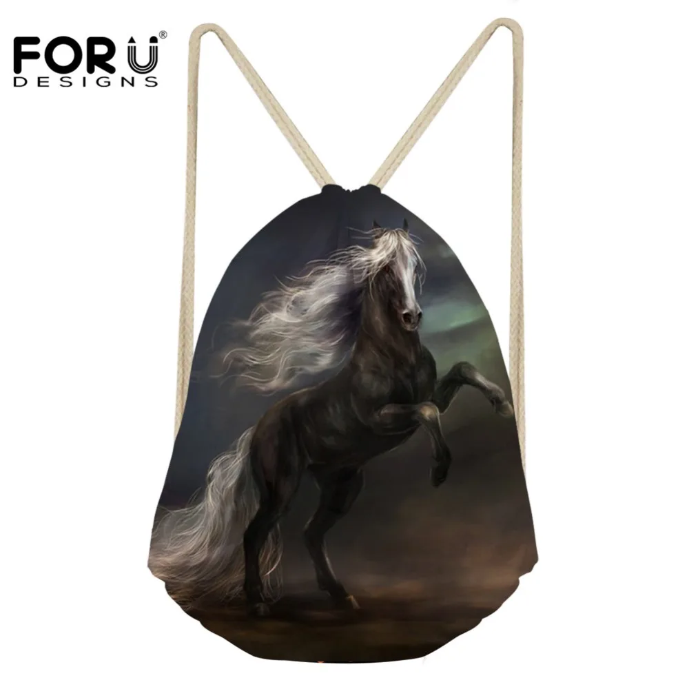 INSTANTARTS Fashion 3D Horse Prints Drawstring Bag Light Weight Travel Boy Girl Backpack Small Casual Cinch