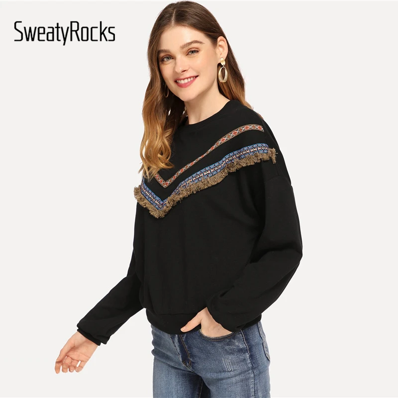 SweatyRocks الأسود عارضة المطرزة الشريط و هامش التفاصيل البلوز طويلة الأكمام البلوفرات قمم 2018 الخريف النساء بلوزات SweatyRocks الأسود عارضة المطرزة الشريط و هامش التفاصيل البلوز طويلة الأكمام البلوفرات قمم 2018 الخريف النساء بلوزات