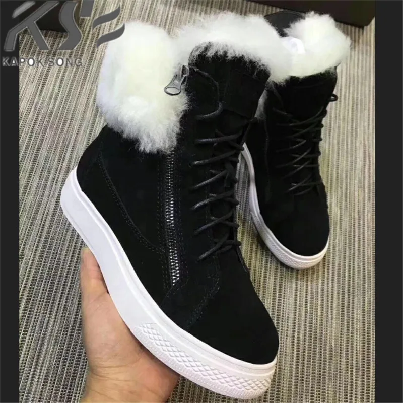 

luxury designer leather and wool thick warm women shoes genuine sheepskin excellent quality fashional warm winter sneakers