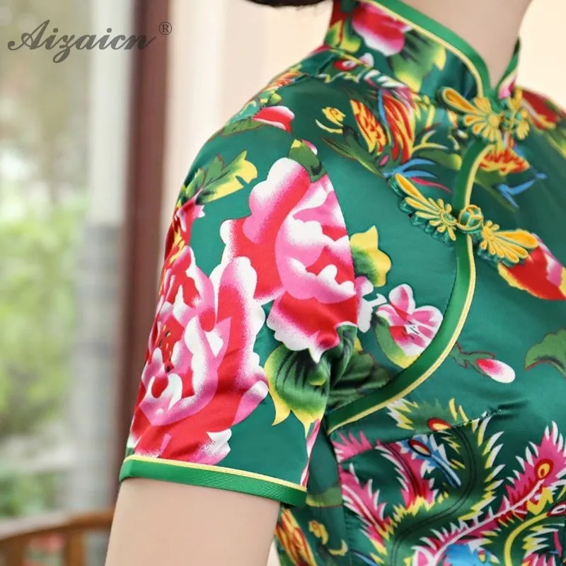 2019 новые летние печати Длинные Cheongsam современный Chinoise Зеленый Мать Ци Пао для женщин китайское традиционное платье Женская Роба в