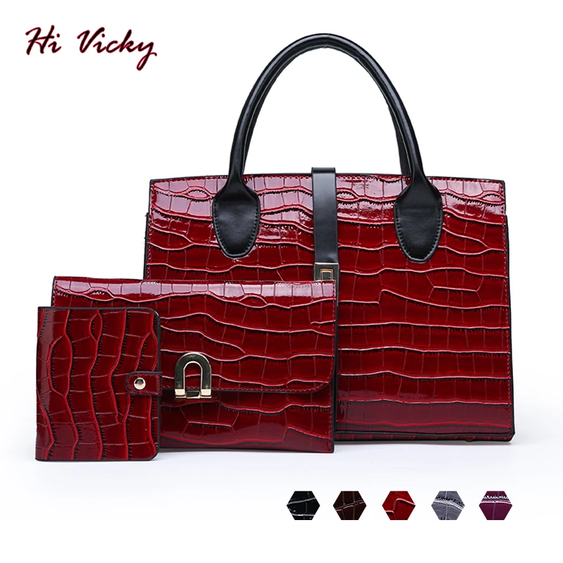 

2019 Women Bag 3 Sets Top-Handle Big Capacity Female Handbag Fashion Shoulder Bag Purse Ladies Patent Leather Red Crossbody Bag