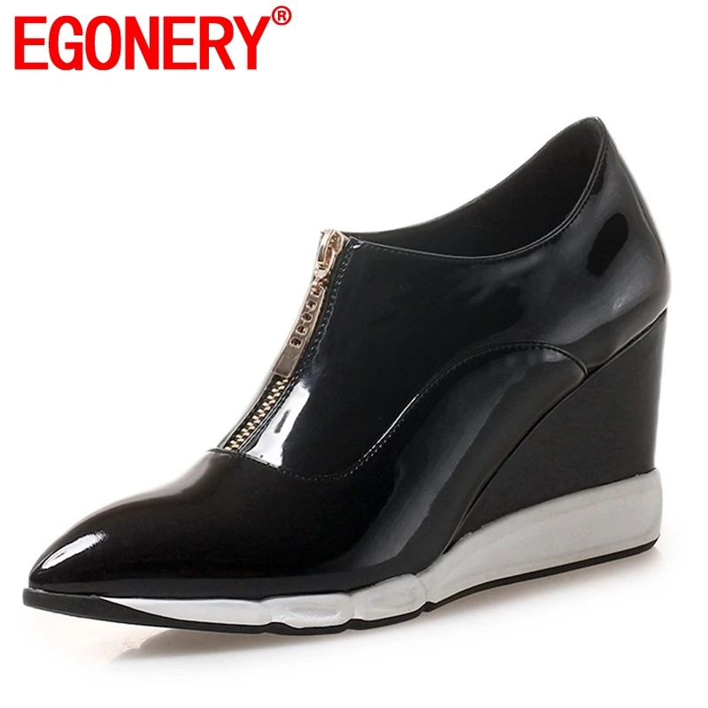 EGONERY Size 34-40 Shoes Women Spring New Casual Frot Zip Patent Leather Women Pumps Platform Wedges Pointed Toe Black Red Shoes