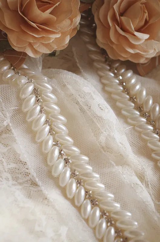 

pearl bead trim, pearl and rhinestone bead lace trim, by yard, BT001