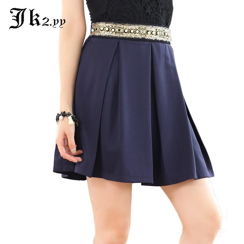 

M-XXL Ladies Sequins Pearl Pleated Blue Skirt Preppy Style Big Size Women Summer Luxury Beaded Belt Above Knee-Length Skirt 9644