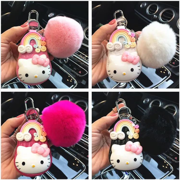 

Fur Hello Kitty Keychain Lovely Hair Bulb Car Genuine Leather Pendant Cat Key Cover Holder Pompom Keyring Fluffy Bunny