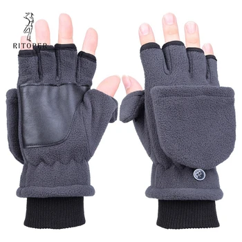 

RITOPER Unisex Plus Thick Fingerless Gloves Winter Warm Touch Screen Leather Gloves Flip Half Finger All-Round Protection Glove