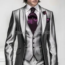 Корея-сатин яркое серебро с черными полями Жених Свадебный Смокинг Выпускной/формальный костюм(куртка+ брюки+ жилет+ галстук+ квадрат