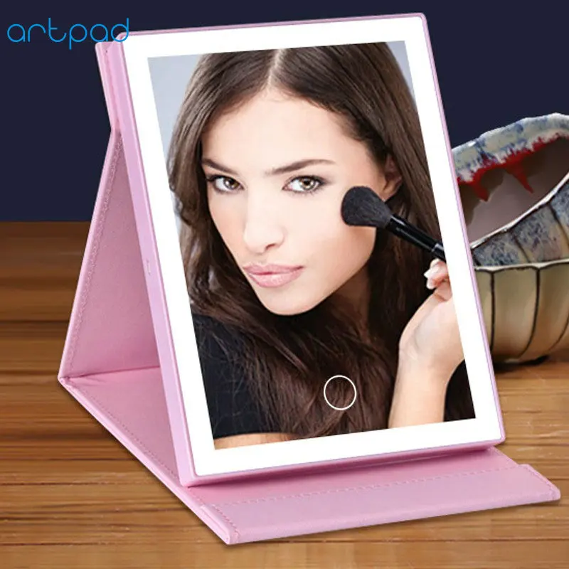 

Artpad Portable Folding LED Makeup Mirror with Light USB Port Rechargeable 1200MA Battery Touch Dimmer Vanity Mirror with Lamp