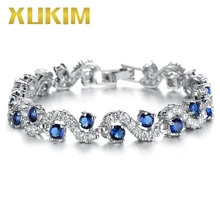 Xukim ювелирные изделия AAA кубический цирконий серебряный цвет Медь Синий с зелеными стеклянными камнями Модный женский браслет ювелирное изделие подарок
