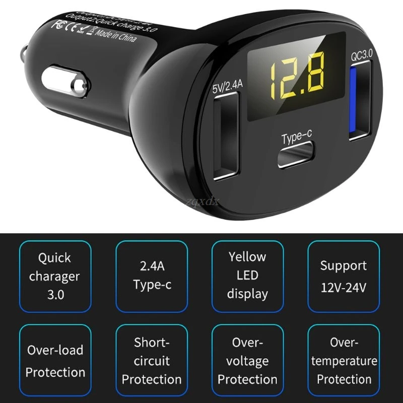 

Car Power Adapter In-car Phone Charger Type-C Fast Charger QC3.0 Dual USB Ports DC5V 2.4A 12V 24V Cigarette Lighter Power Supply