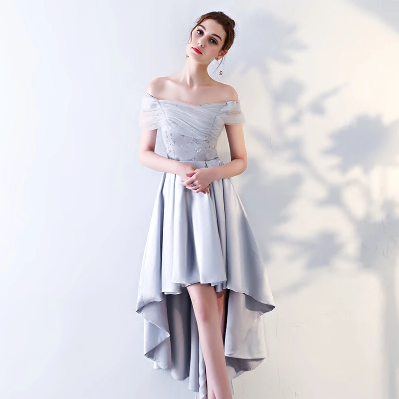 Beauty Emily Sexy Asymmetrical Grey Evening Dresses 2019 Off the Shoulder Evening Occasion Dresses For Prom Party Dresses