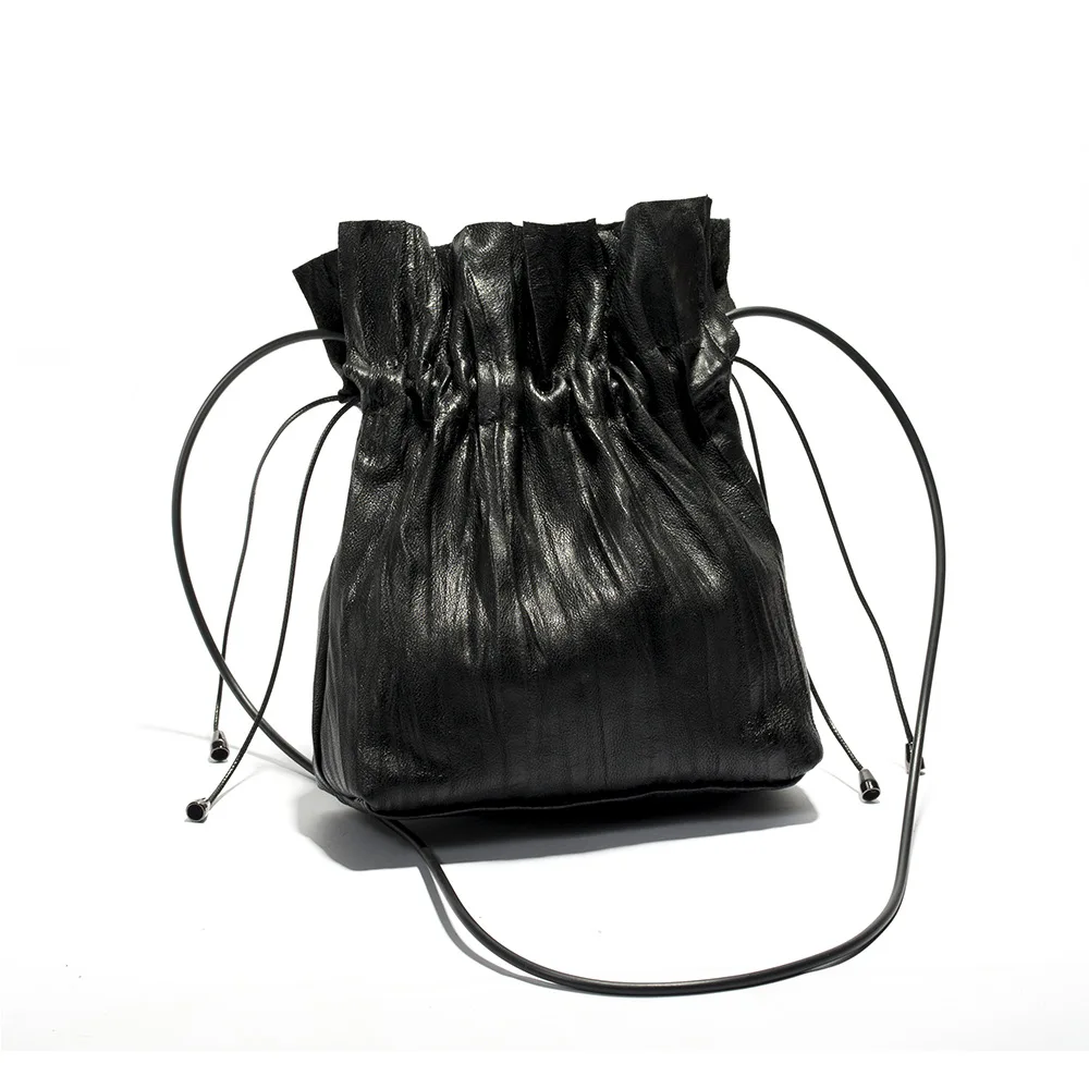 

Original designer Drawstring Genuine Leather Handbags women small fisherman bag Female sheepskin shoulder slung bucket bag tote
