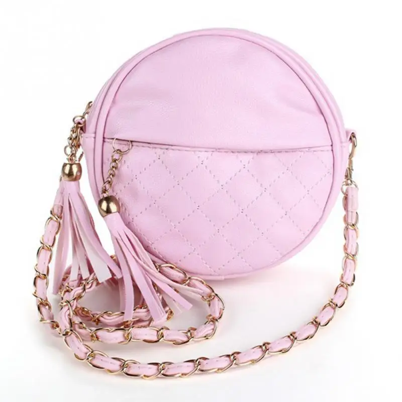 Женские кожаные сумки на цепочке с кисточкой, круглые маленькие сумки для девушек, сумка через плечо, яркие цвета - Цвет: pink