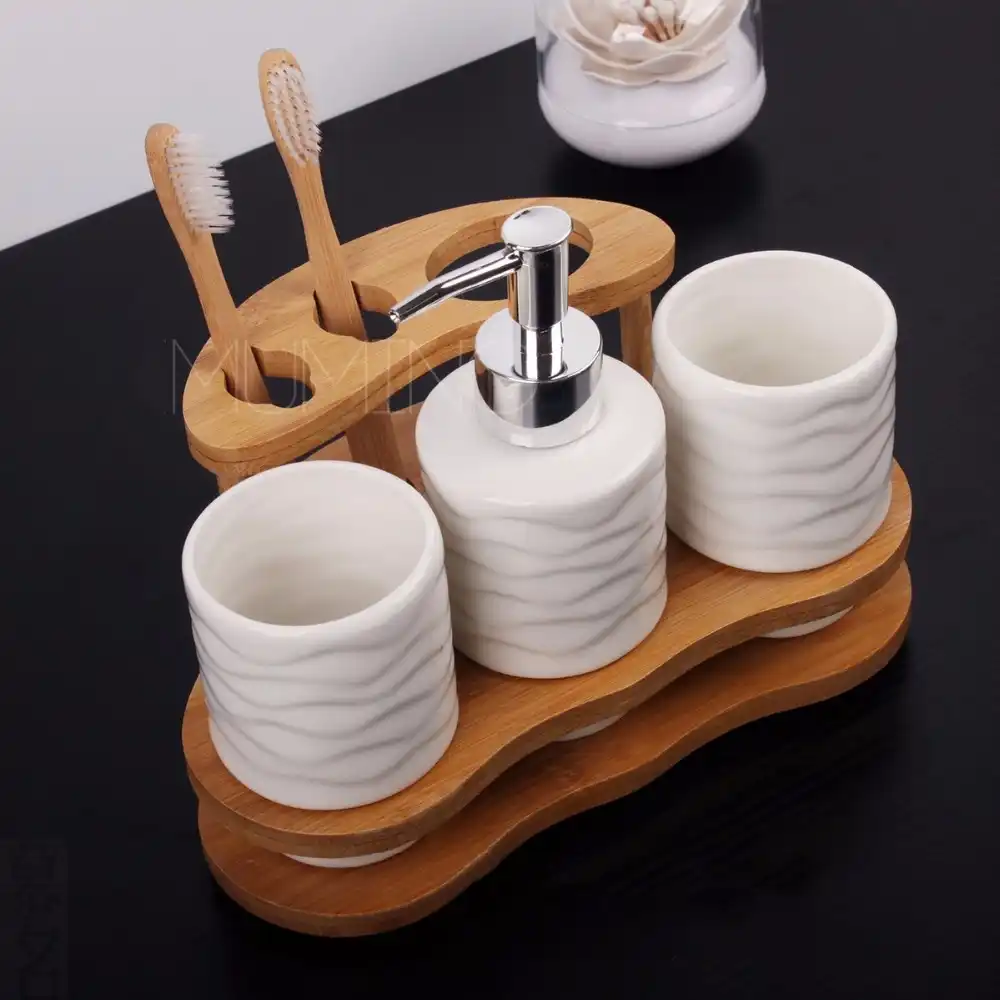 China Bamboo Ceramics Bathroom Accessories Set Soap Dispenser Toothbrush Holder Tumbler Soap Dish Bathroom Products White Bathroom Accessories Sets Aliexpress