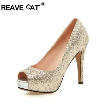 

REAVE CAT spring summer shoes woman platform peep toe pumps big size 43 bling gold silver stiletto high heels female party shoes