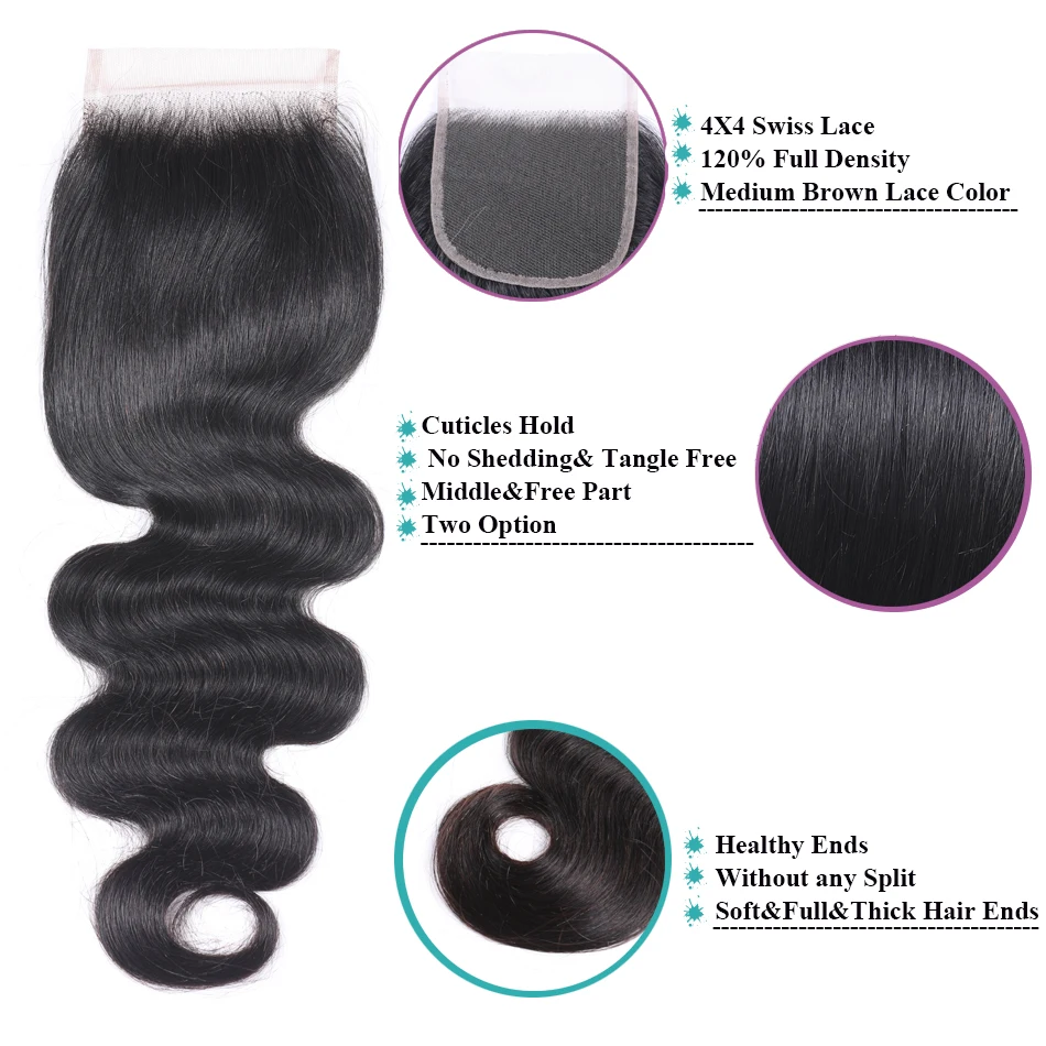 Lynlyshan бразильские человеческие волосы волнистые пучки с закрытием натуральный цвет 3 пучка с 4*4 закрытие remy волосы