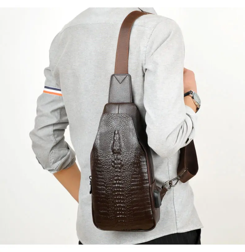Новая модная мужская нагрудная сумка, сумки-мессенджеры, кожа, зарядка через USB, повседневные мужские дорожные сумки на плечо, сумка через плечо с крокодиловым узором