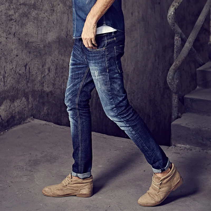 Autumn Men Jeans Cotton Patchwork Blue Color Pocket For Man Fashion Slim Fit Denim Pants 2018 New Male Wear Long Trousers 9396