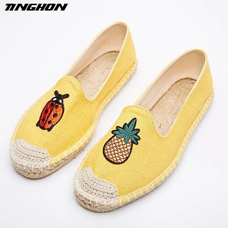 

Fashion Ethnic Casual Espadrilles Ladybugs pineapple Flat New Women Spring Printed Embroider Slip on Fishermen Hemp Rope Shoe