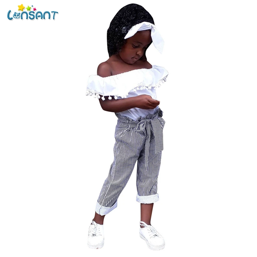 LONSANT Girls Clothes Set Fashion Bow Hairband + Solid Tassel Top Pant Baby Clothing Kids N30 | Мать и ребенок