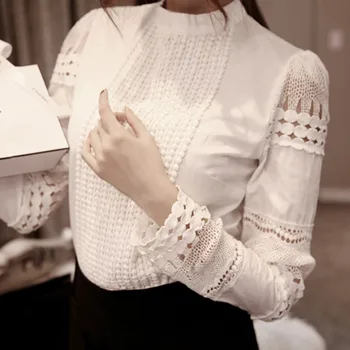 

Women's Shirts White Long-sleeved Blouses Slim Basic Tops Plus Size Hollow Lace Shirts