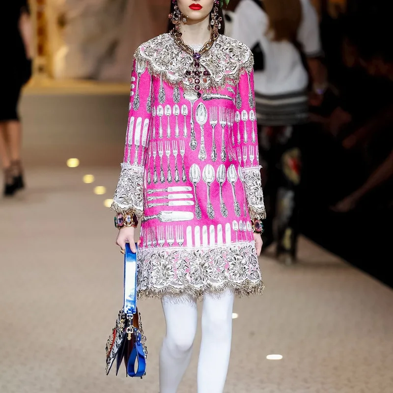 

Autumn Designer Dresses Runway 2018 Women High-end Vintage Beading Tassel Printed Pink Long Sleeve Mini Dress Vestidos