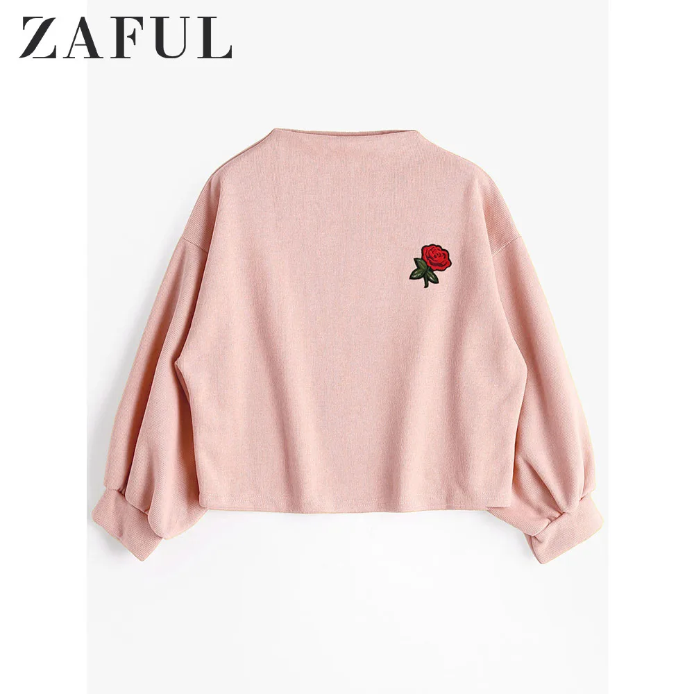 

ZAFUL Rose Embroidered Patches Lantern Sleeve Sweatshirt Long Lantern Sleeve Women Streetwear 2019 Blackpink Girls Clothes