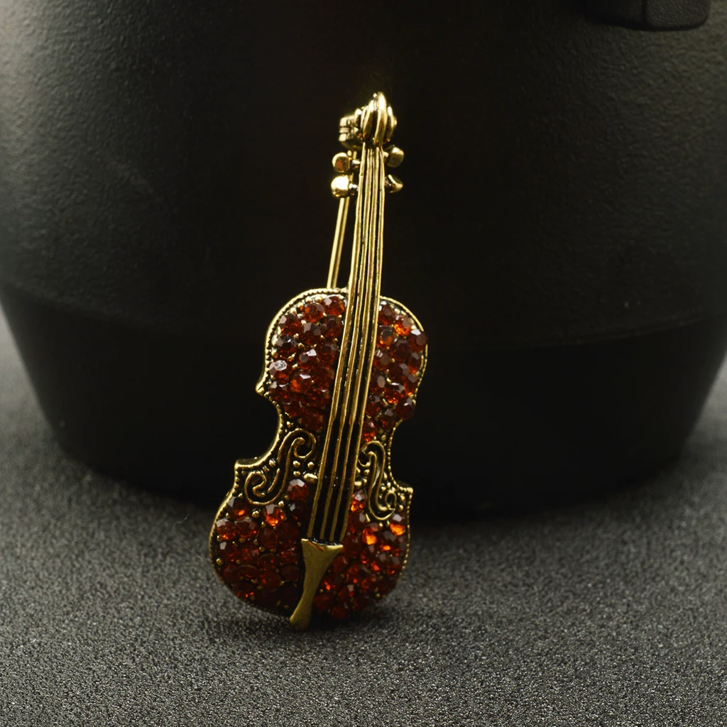 Women Men Retro Crystal Rhinestone Violin Cello Music Instrument Brooch Pin