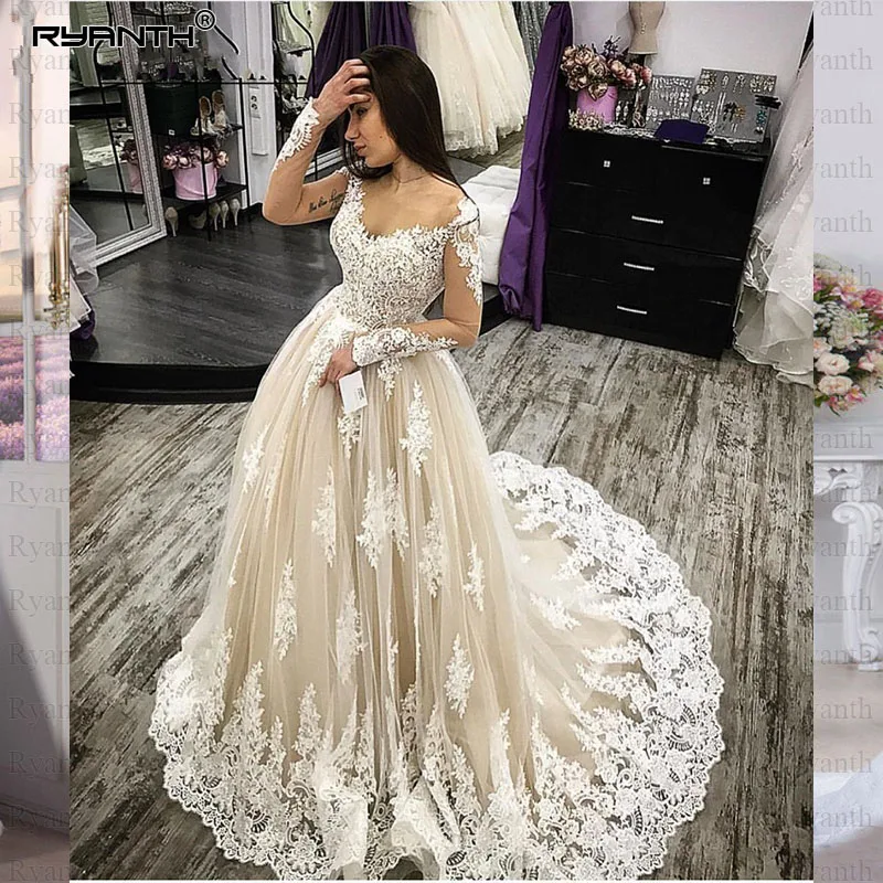 Плюс размер Vestidos de Noiva Дешевые с длинными рукавами кружева линии свадебное платье на заказ чистая Иллюзия О образным вырезом Vestido de noiva