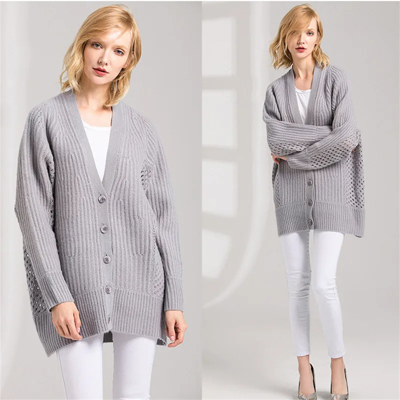  goat cashmere hollow-out kint women fashion Vneck cardigan sweater coat single breasted mid-long so