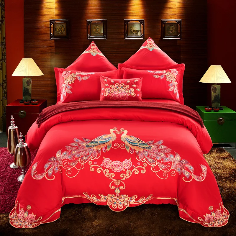 

Traditional Chinese Wedding Bedding Set Queen King Size Double Happiness Dragon Phoenix Peacock Embroidered Cotton Duvet Covers