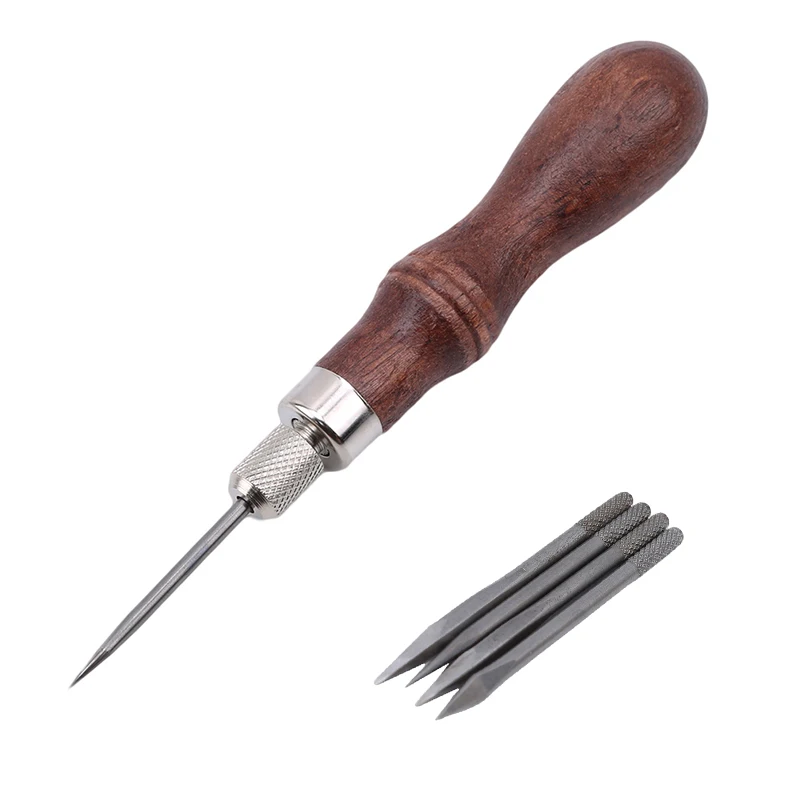4 In 1 Sewing Awl Needles DIY Wood Handle Leather Stitching Awl Sewing