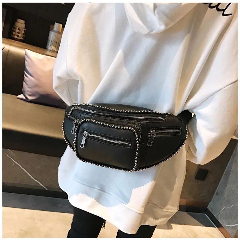 LJT Luxury Design Women PU Leather Waist Bag Female Rivet Casual Fanny Packs Belt Bag Handbag and Purse Female Mini Chest Bags