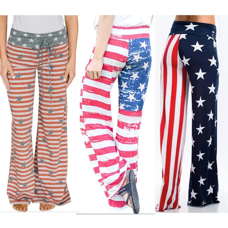 Women Stars Stripes USA Independence Day American Flag Trousers Wide ...