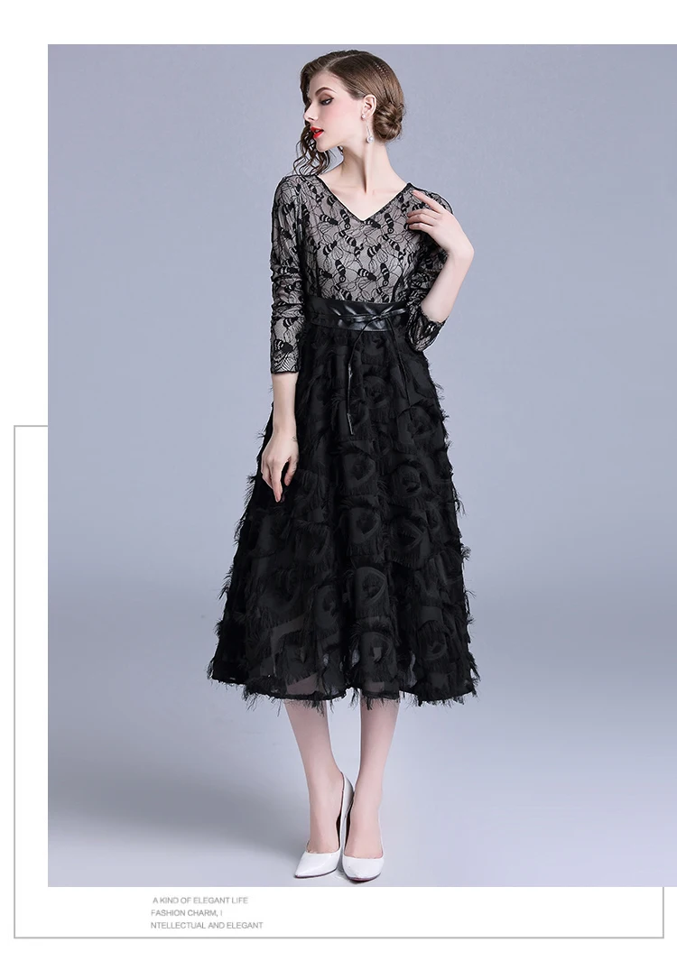 309 Women Dress Elegant Vintage Patchwork Lace Dresses 2018 High Quality Tassel Feathers Slim Women Dresses Evening Party 2