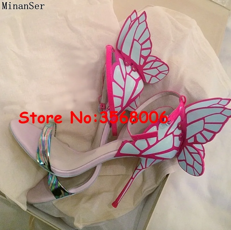 Wholesale amazing multi-color 3D butterfly open toe thin heels sandals wedding party bridal shoes sexy ankle wrap stiletto heels