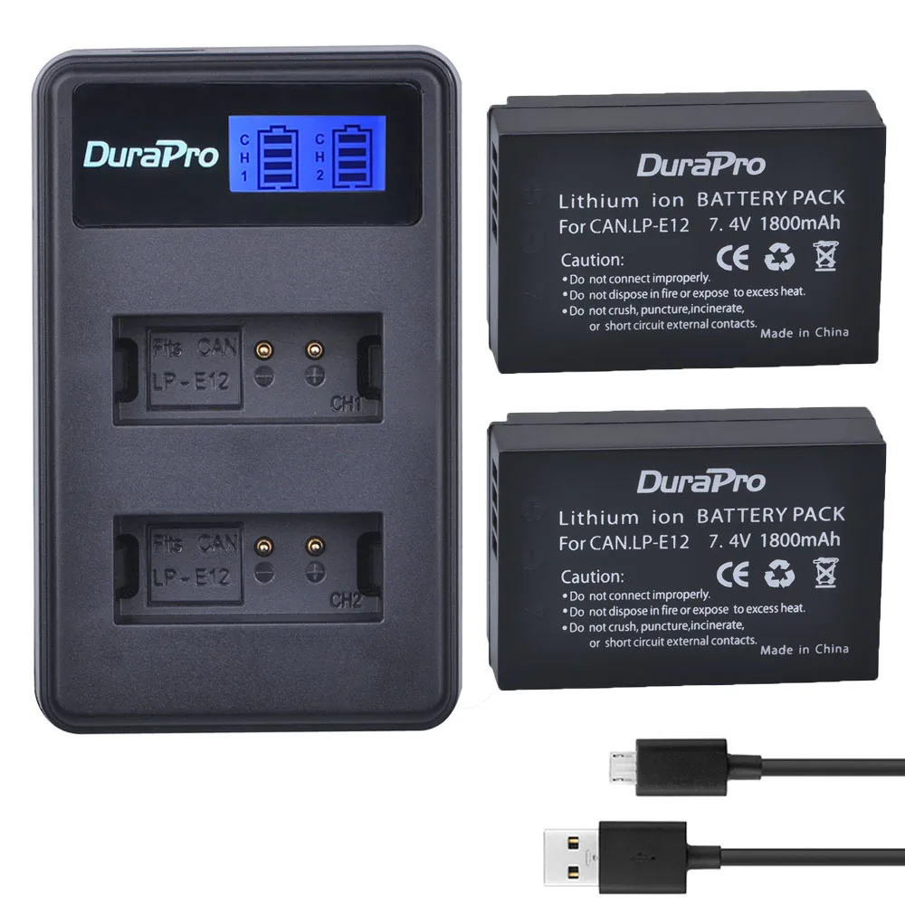 

2 x DuraPro LP-E12 LPE12 LP E12 Batteries + LCD USB Dual Charger For Canon M 100D Kiss X7 Rebel SL1 EOS M10 DSLR Camera