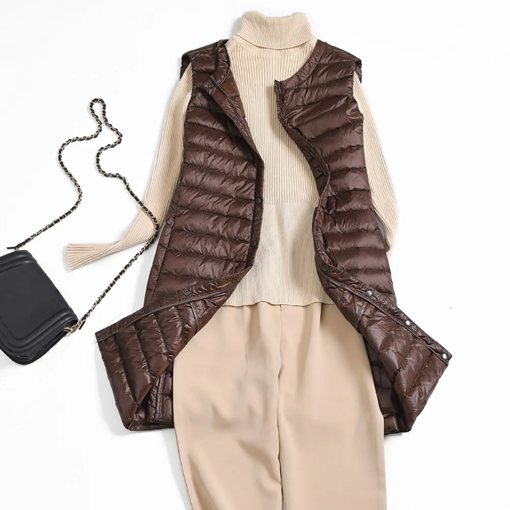 Winter Women's Warm Waistcoat Long Vests Ultra Light White Duck Down Vest Sleeveless Jacket Coat Round Collar Autumn Plus Size