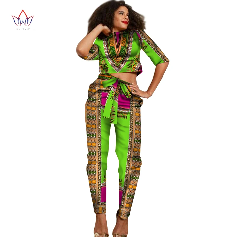 

2017 New African Clothes Half Sleeve Crop Tops 2 Piece Set Women Clothing Long Pants African Print Pants Women 6XL BRW WY1374