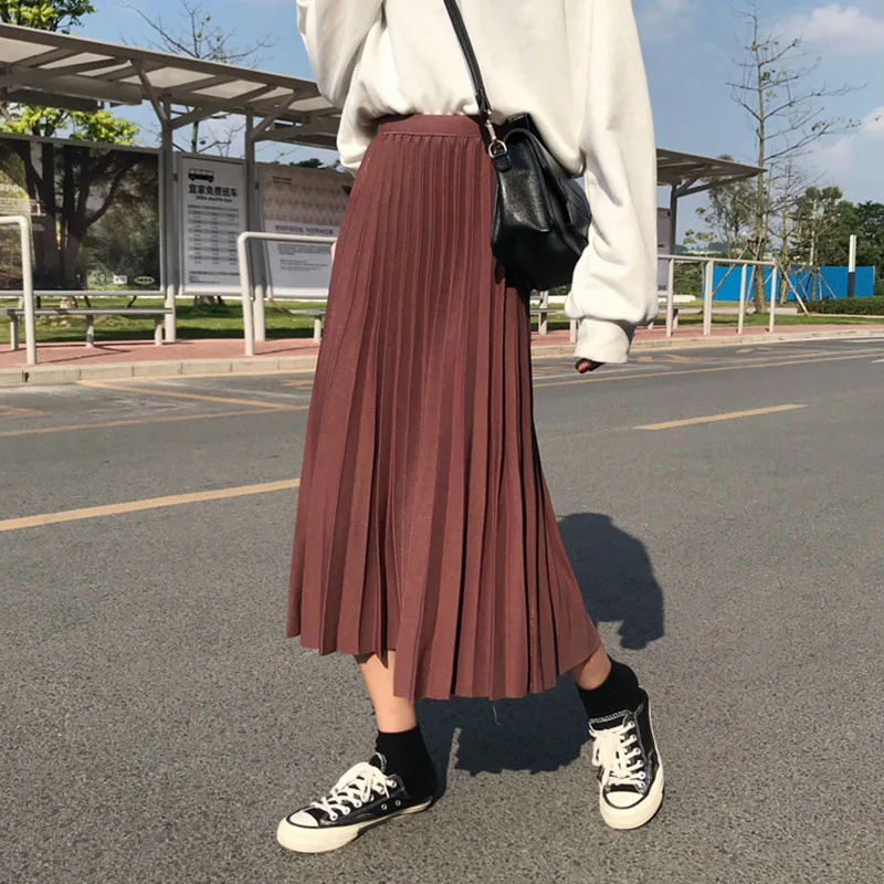 Женская длинная Плиссированная юбка Harajuku однотонная вечерняя с эластичным