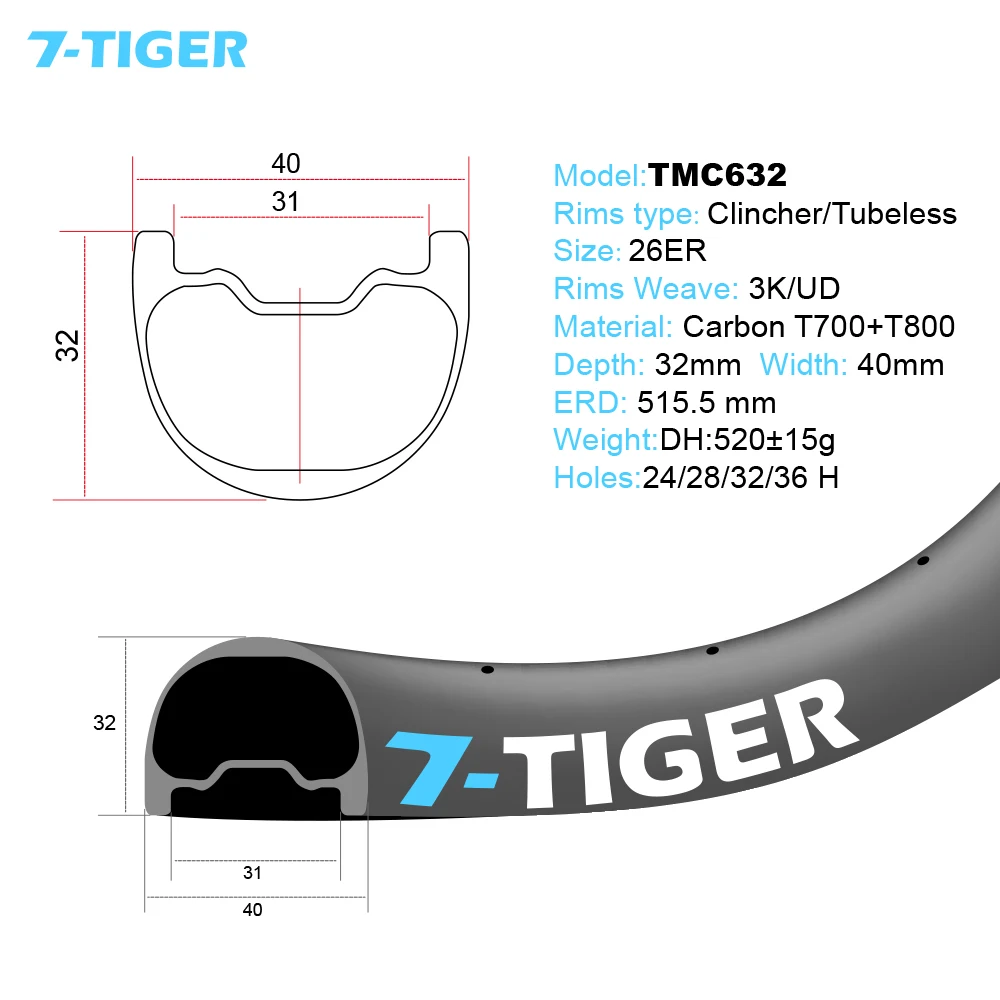 7-TIGER 2" карбоновые колеса для горного велосипеда бескамерные диски с 40 мм шириной карбоновый горный велосипед обод для DH бескамерные
