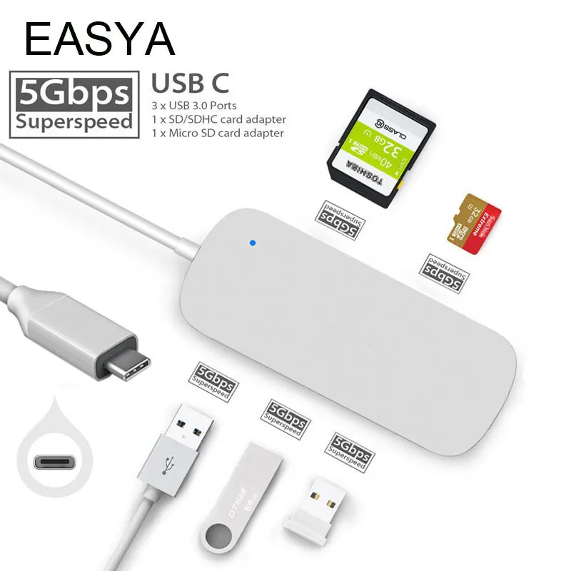 

EASYA Multi-Port Thunderbolt 3 USB C Hub Adapter with USB Hub 3.0 SD TF Card Reader Slot Silver for MacBook Pro