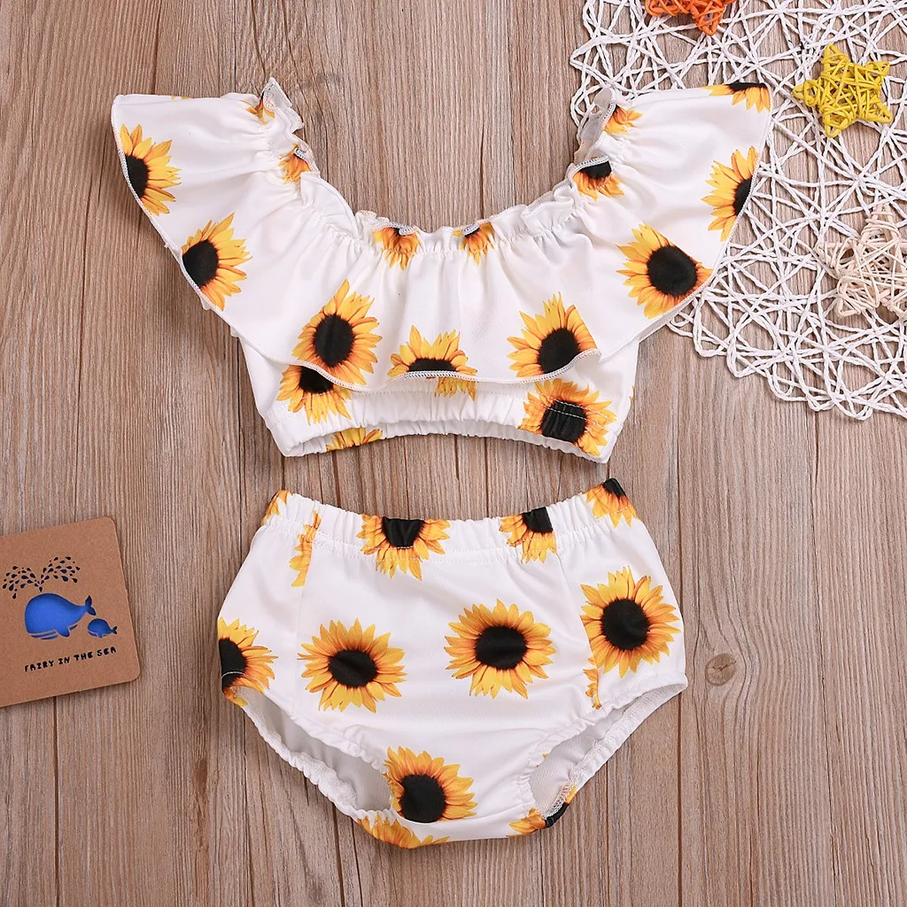 

Perimedes 2019 Summer Baby Girls Clothes Sets Toddler Baby Girl Sleeveless Ruffle Sunflower Print Tops+Shorts Set Outfit