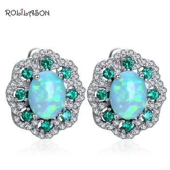 

ROLILASON Flower Design Cubic Zirconia Green Fire Opal Silver 925 Stamped Clip Earrings Fashionl Jewelry OE679