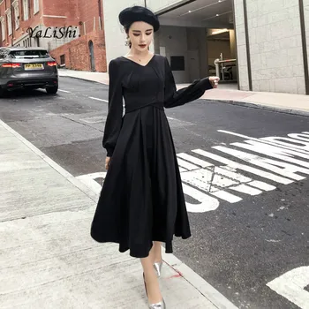 

Women Solid A-line Dress 2018 Autumn Plus Size Black Full Lantern Sleeve V-neck Mid-calf Vintage Party Midi Dress Ladies Dresses